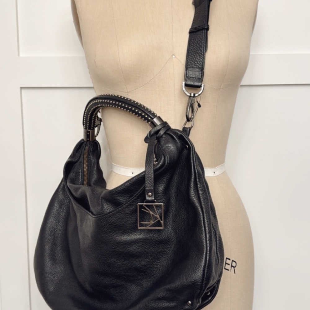 Kenneth Cole New York Black Leather Hobo Bag with Curved Handle